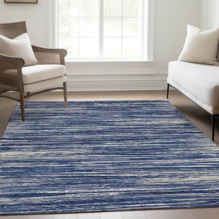 Navy Blue Ivory And Gray Striped Washable Area Rug With UV Protection Photo 6
