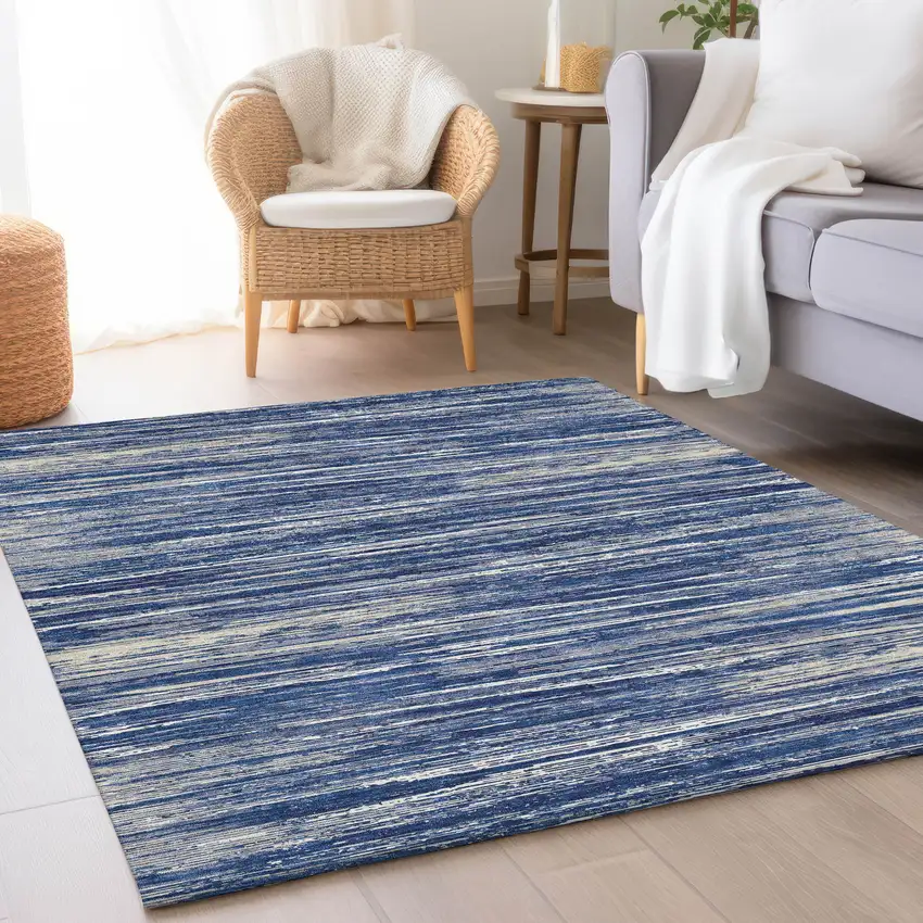 Navy Blue Ivory And Gray Striped Washable Area Rug With UV Protection Photo 5