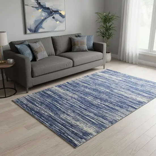 Navy Blue Ivory And Gray Striped Washable Area Rug With UV Protection Photo 2