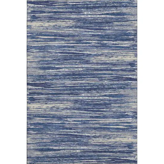 Navy Blue Ivory And Gray Striped Washable Area Rug With UV Protection Photo 1