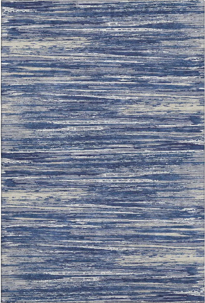 Navy Blue Ivory And Gray Striped Washable Area Rug With UV Protection Photo 1