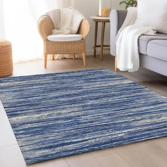 Navy Blue Ivory And Gray Striped Washable Area Rug With UV Protection Photo 4