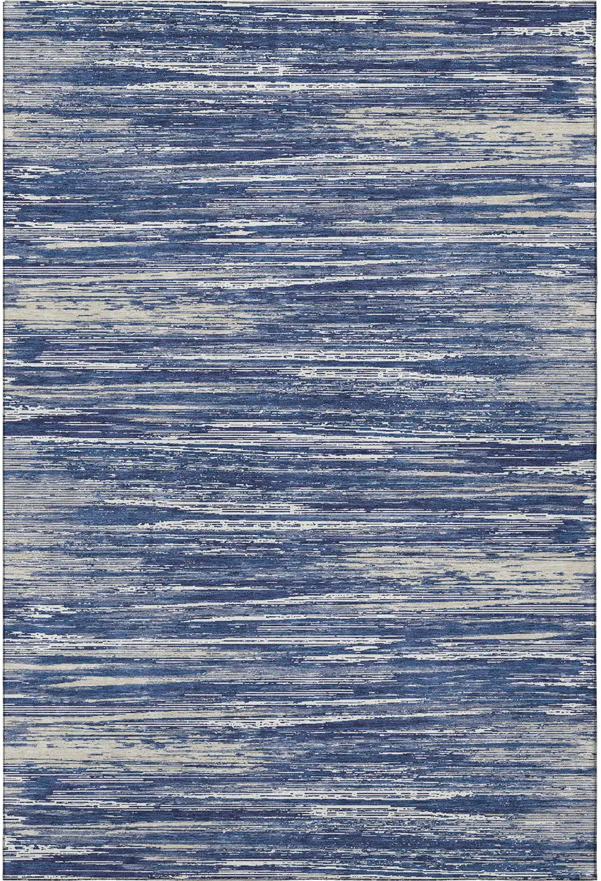 Navy Blue Ivory And Gray Striped Washable Area Rug With UV Protection Photo 3