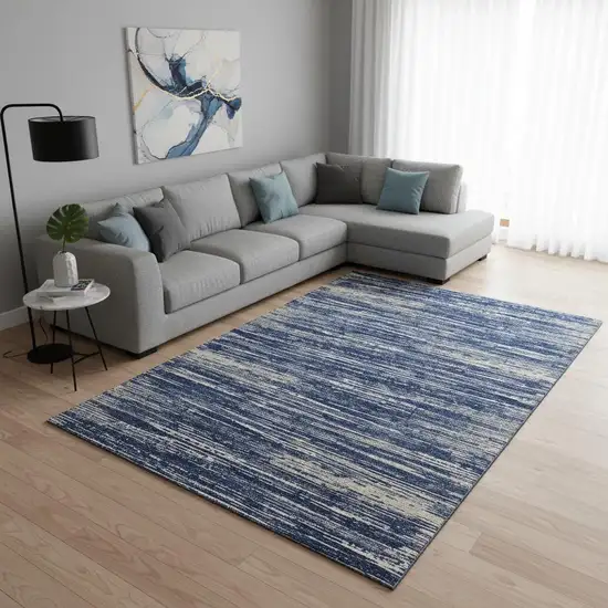 Navy Blue Ivory And Gray Striped Washable Area Rug With UV Protection Photo 2