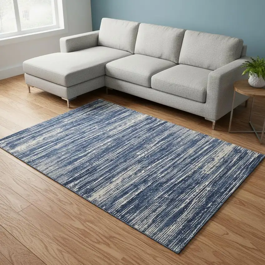 Navy Blue Ivory And Gray Striped Washable Area Rug With UV Protection Photo 2