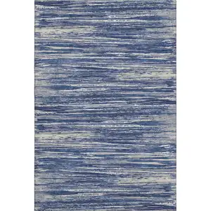 Photo of Navy Blue Ivory And Gray Striped Washable Area Rug With UV Protection