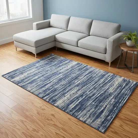 Navy Blue Ivory And Gray Striped Washable Area Rug With UV Protection Photo 2
