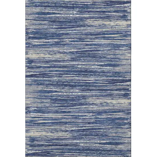 Navy Blue Ivory And Gray Striped Washable Area Rug With UV Protection Photo 4