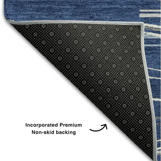 Navy Blue Ivory And Gray Striped Washable Area Rug With UV Protection Photo 6