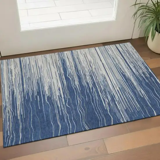 Navy Blue Ivory And Gray Striped Washable Area Rug With UV Protection Photo 2