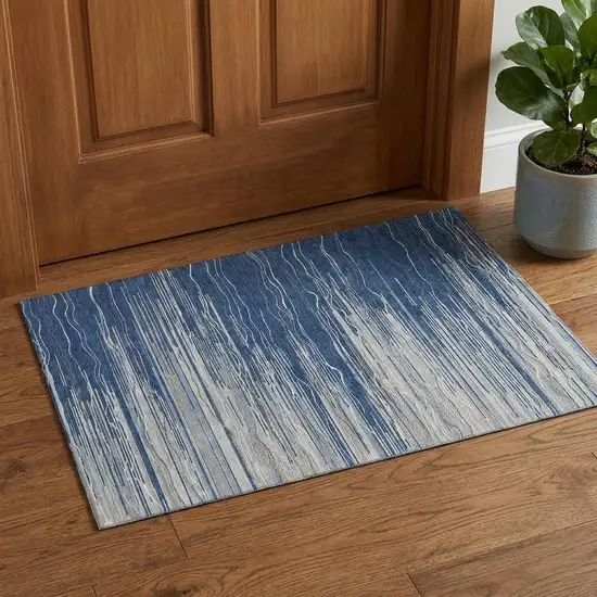 Navy Blue Ivory And Gray Striped Washable Area Rug With UV Protection Photo 1