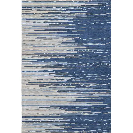 Navy Blue Ivory And Gray Striped Washable Area Rug With UV Protection Photo 3