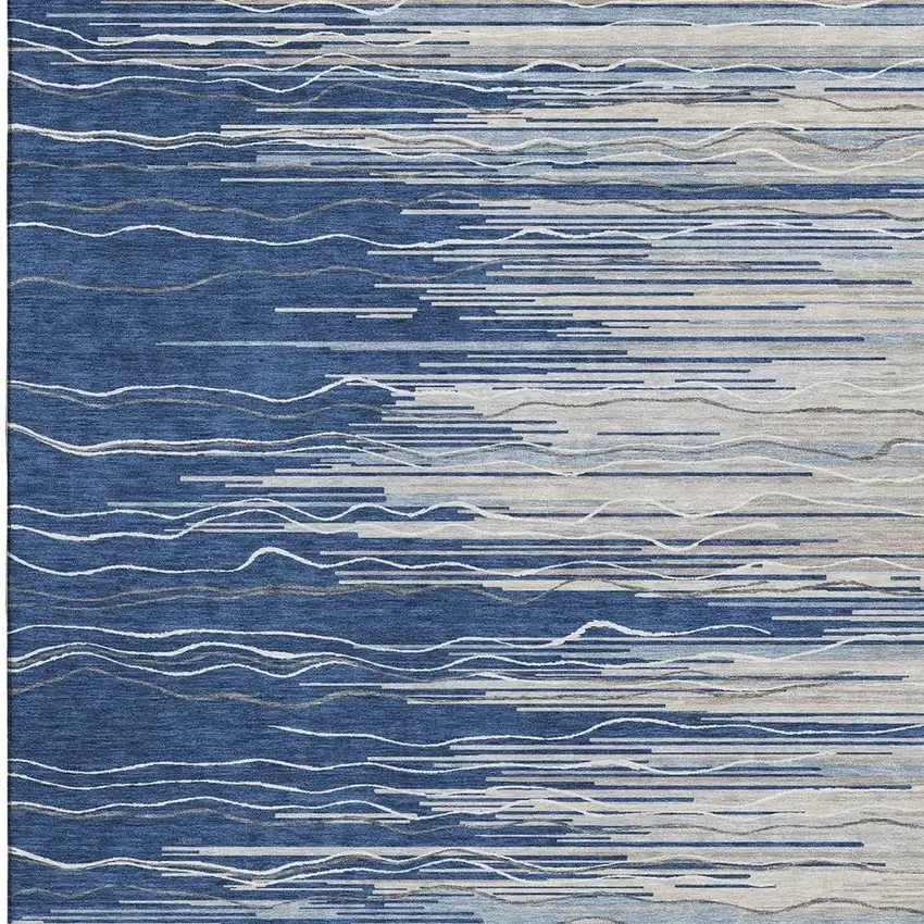 Navy Blue Ivory And Gray Striped Washable Area Rug With UV Protection Photo 2