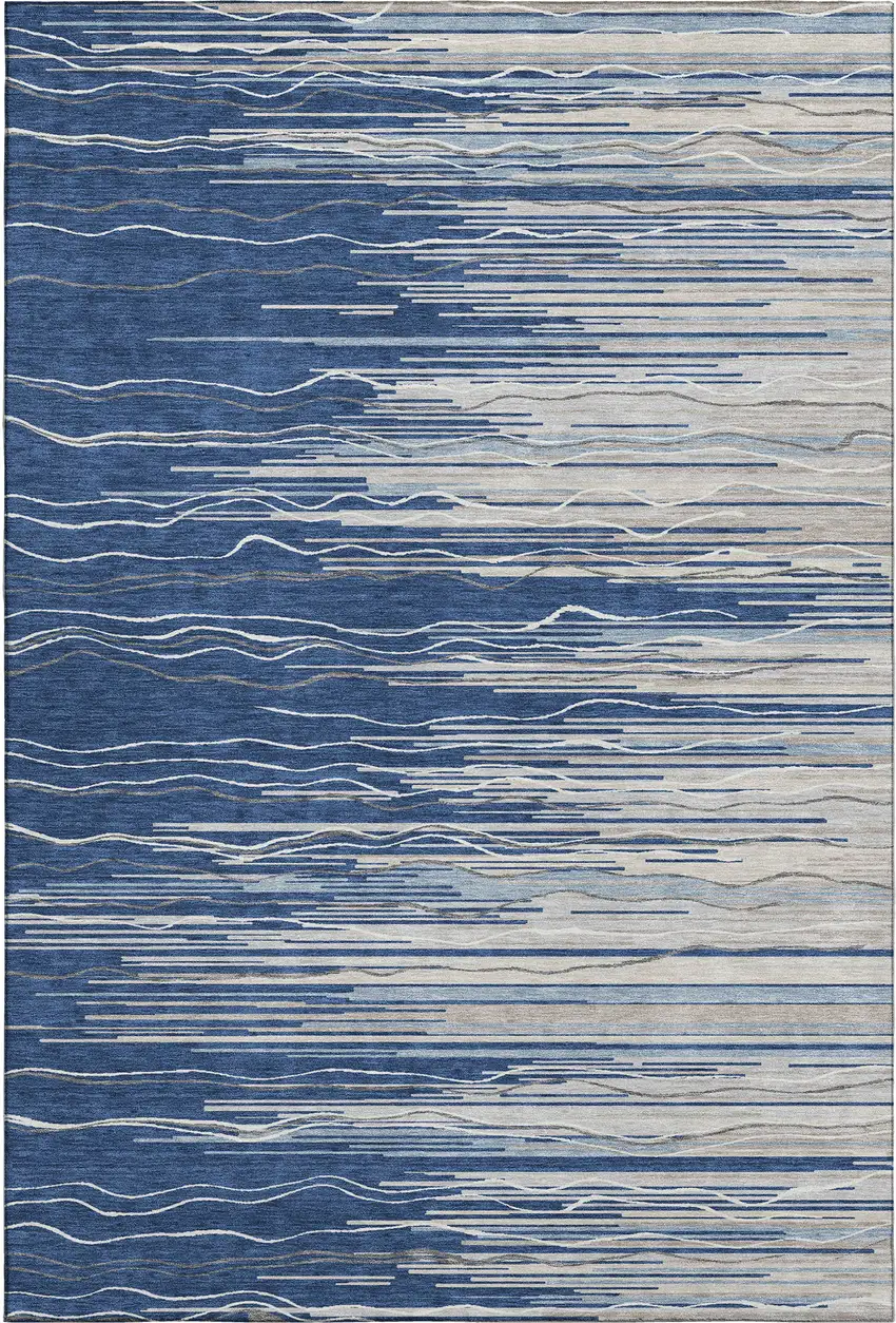 Navy Blue Ivory And Gray Striped Washable Area Rug With UV Protection Photo 1