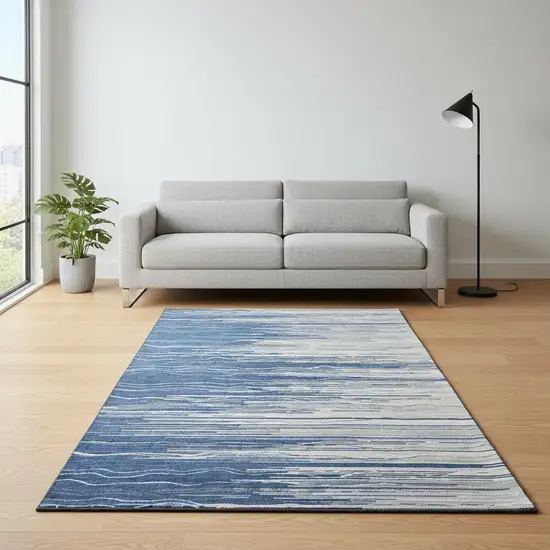 Navy Blue Ivory And Gray Striped Washable Area Rug With UV Protection Photo 2