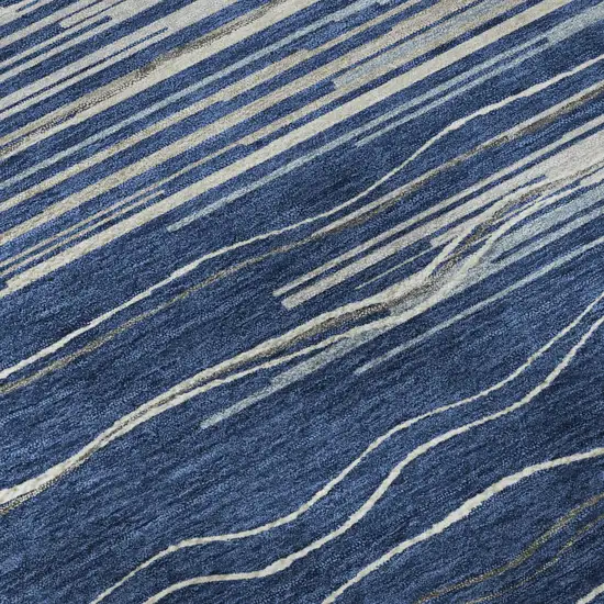 Navy Blue Ivory And Gray Striped Washable Area Rug With UV Protection Photo 9