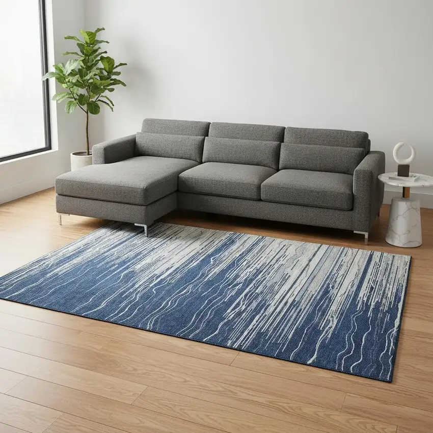 Navy Blue Ivory And Gray Striped Washable Area Rug With UV Protection Photo 2