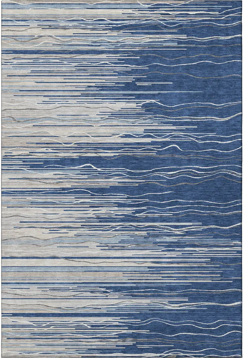 Navy Blue Ivory And Gray Striped Washable Area Rug With UV Protection Photo 3