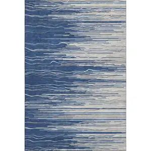 Photo of Navy Blue Ivory And Gray Striped Washable Area Rug With UV Protection