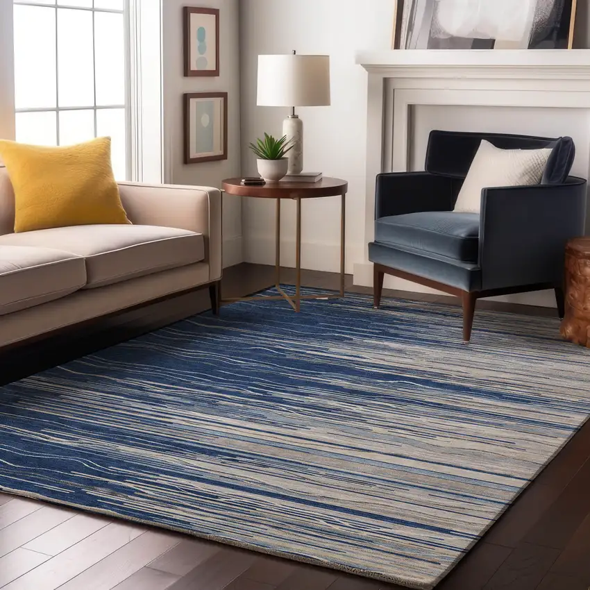 Navy Blue Ivory And Gray Striped Washable Area Rug With UV Protection Photo 4