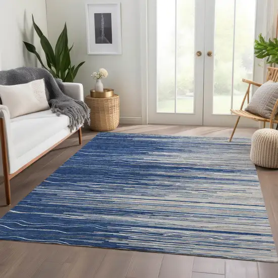 Navy Blue Ivory And Gray Striped Washable Area Rug With UV Protection Photo 5