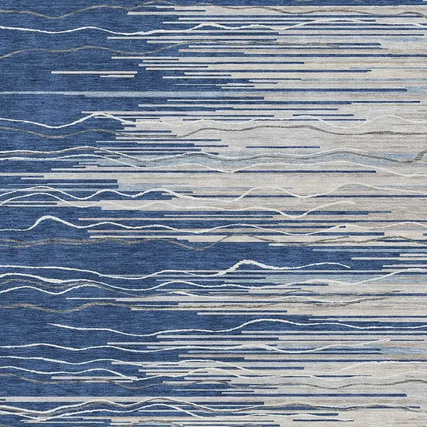 Navy Blue Ivory And Gray Striped Washable Area Rug With UV Protection Photo 2