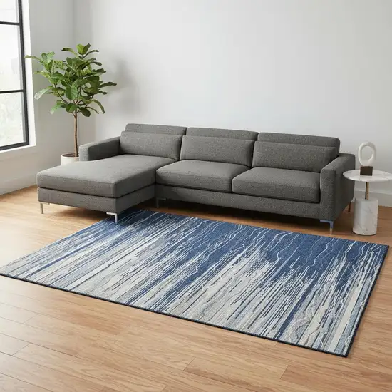 Navy Blue Ivory And Gray Striped Washable Area Rug With UV Protection Photo 2