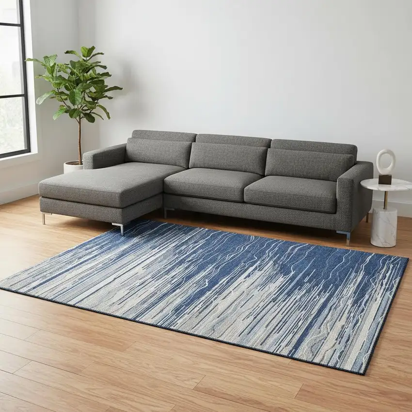 Navy Blue Ivory And Gray Striped Washable Area Rug With UV Protection Photo 2