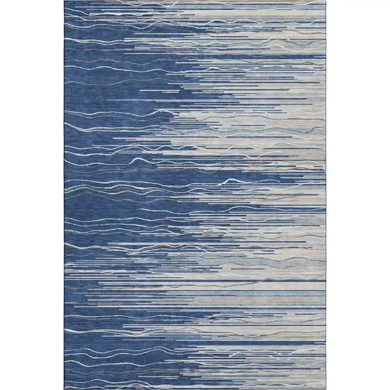 Navy Blue Ivory And Gray Striped Washable Area Rug With UV Protection Photo 1