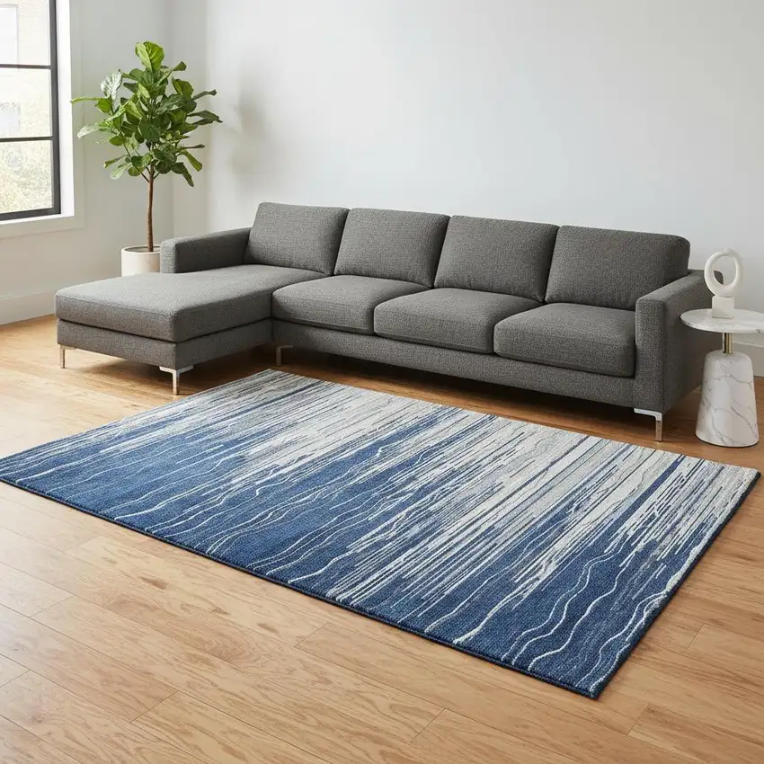 Navy Blue Ivory And Gray Striped Washable Area Rug With UV Protection Photo 2