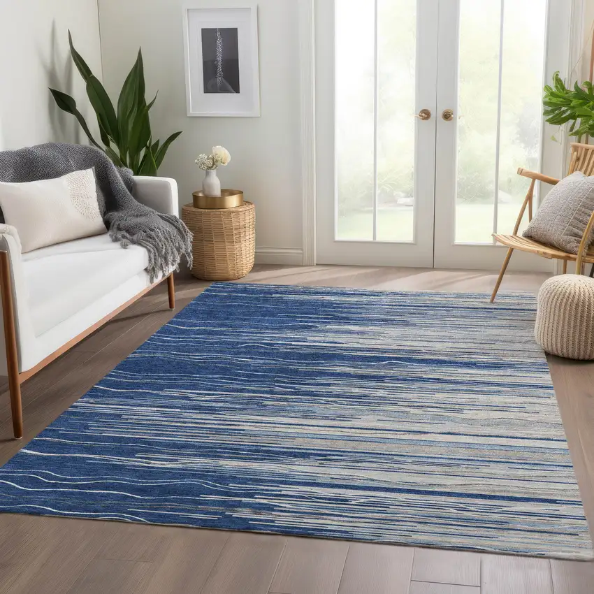 Navy Blue Ivory And Gray Striped Washable Area Rug With UV Protection Photo 5