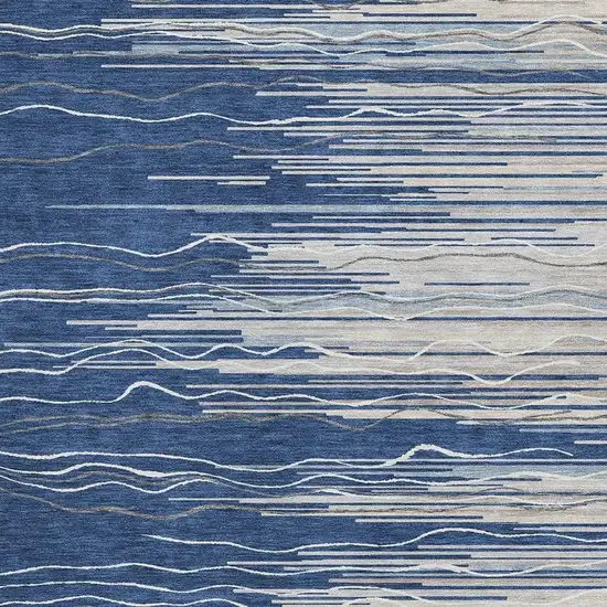 Navy Blue Ivory And Gray Striped Washable Area Rug With UV Protection Photo 2