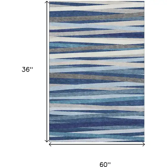 Navy Blue Ivory And Gray Striped Washable Area Rug With UV Protection Photo 8