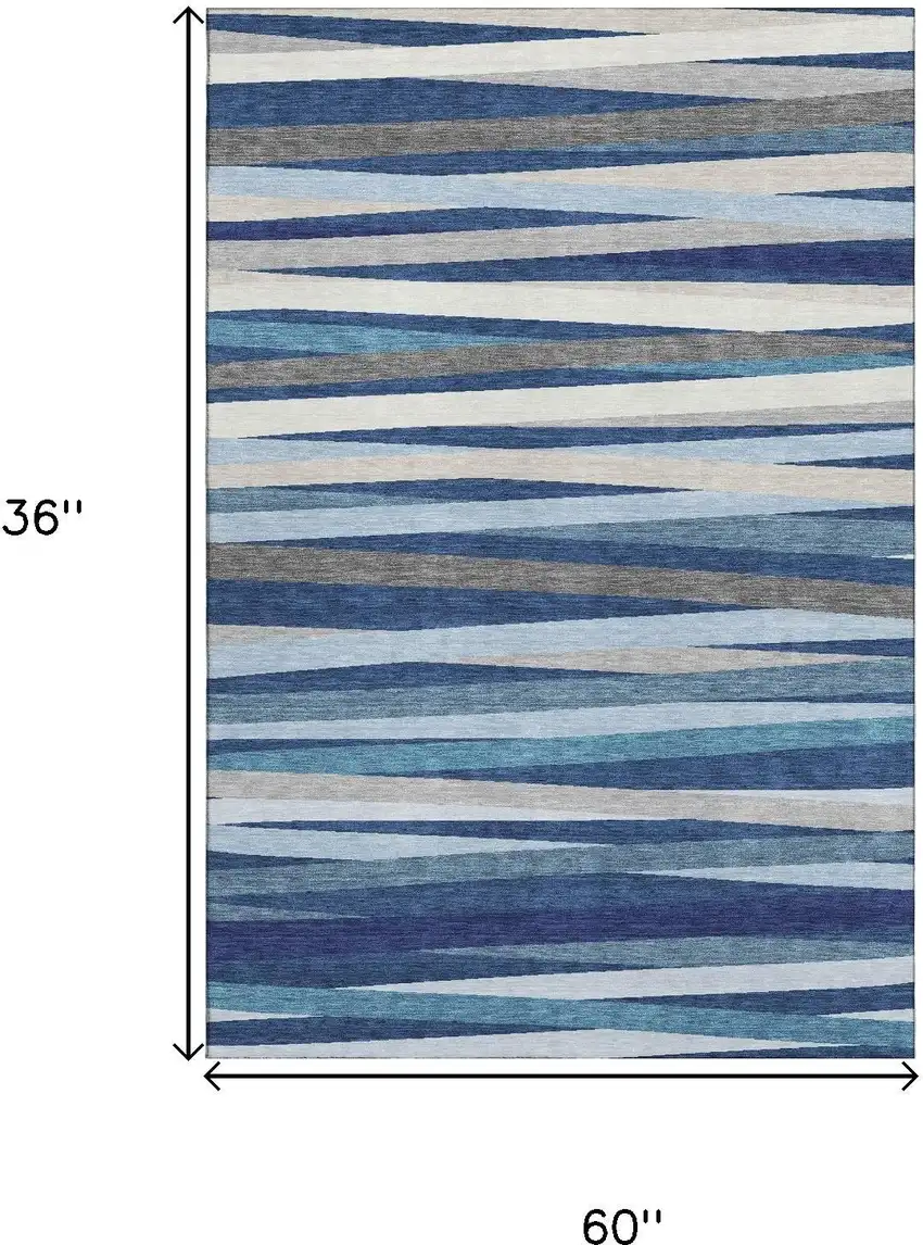 Navy Blue Ivory And Gray Striped Washable Area Rug With UV Protection Photo 8