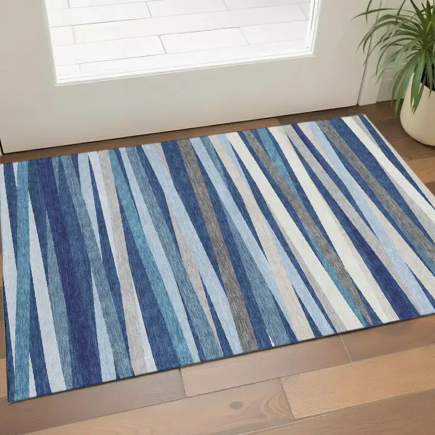 Navy Blue Ivory And Gray Striped Washable Area Rug With UV Protection Photo 1