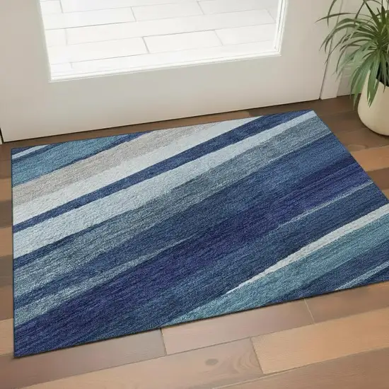 Navy Blue Ivory And Gray Striped Washable Area Rug With UV Protection Photo 2