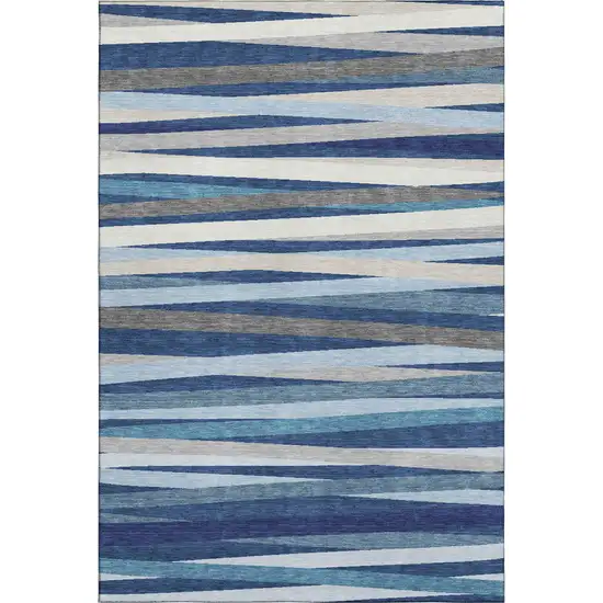 Navy Blue Ivory And Gray Striped Washable Area Rug With UV Protection Photo 5