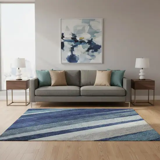 Navy Blue Ivory And Gray Striped Washable Area Rug With UV Protection Photo 2