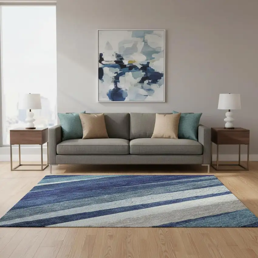 Navy Blue Ivory And Gray Striped Washable Area Rug With UV Protection Photo 2