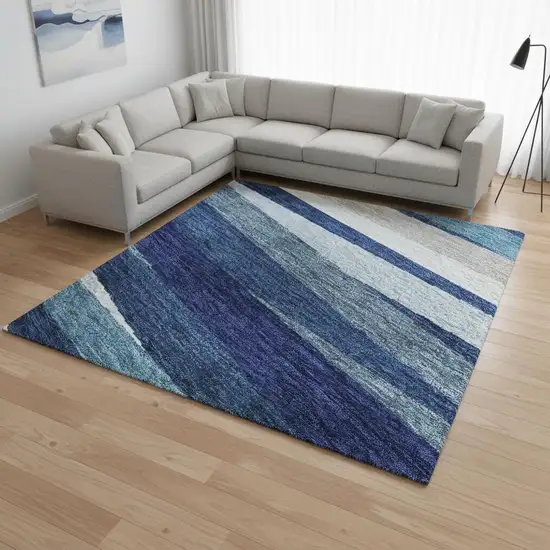 Navy Blue Ivory And Gray Striped Washable Area Rug With UV Protection Photo 2