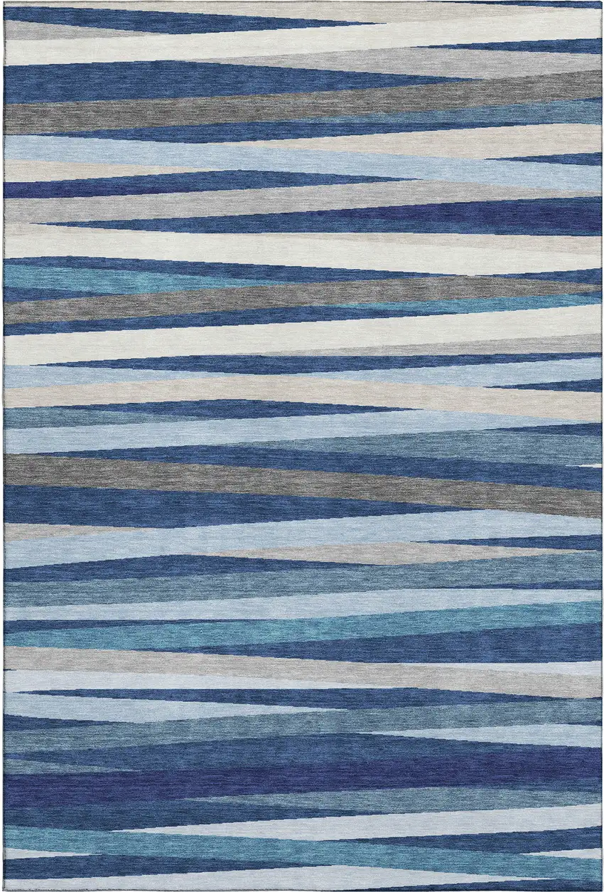 Navy Blue Ivory And Gray Striped Washable Area Rug With UV Protection Photo 5