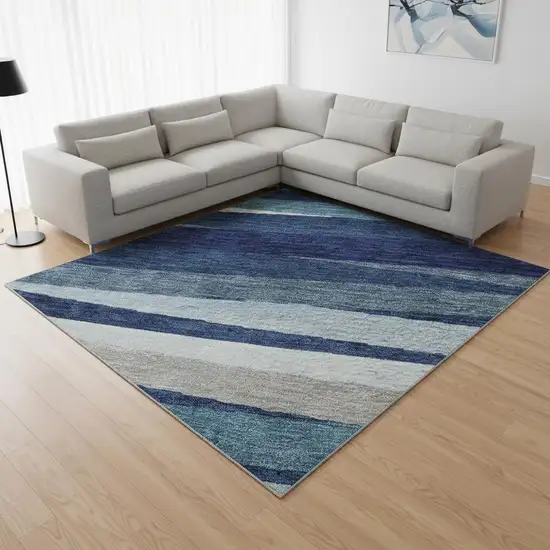 Navy Blue Ivory And Gray Striped Washable Area Rug With UV Protection Photo 2