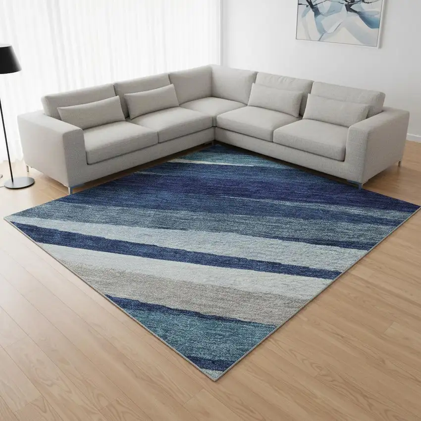 Navy Blue Ivory And Gray Striped Washable Area Rug With UV Protection Photo 2