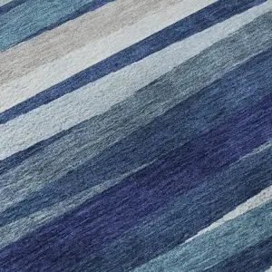 Photo of Navy Blue Ivory And Gray Striped Washable Area Rug With UV Protection