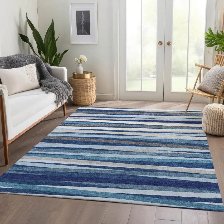 Navy Blue Ivory And Gray Striped Washable Area Rug With UV Protection Photo 3