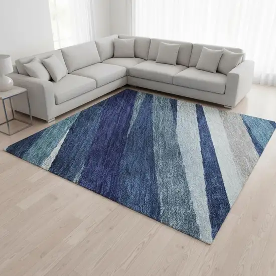 Navy Blue Ivory And Gray Striped Washable Area Rug With UV Protection Photo 2