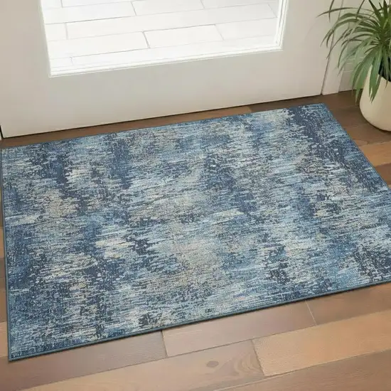 Navy Blue Ivory And Gray Striped Washable Area Rug With UV Protection Photo 2