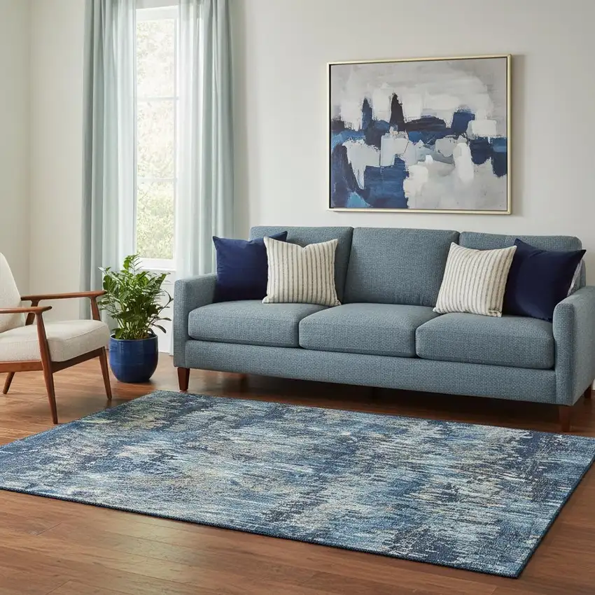 Navy Blue Ivory And Gray Striped Washable Area Rug With UV Protection Photo 2