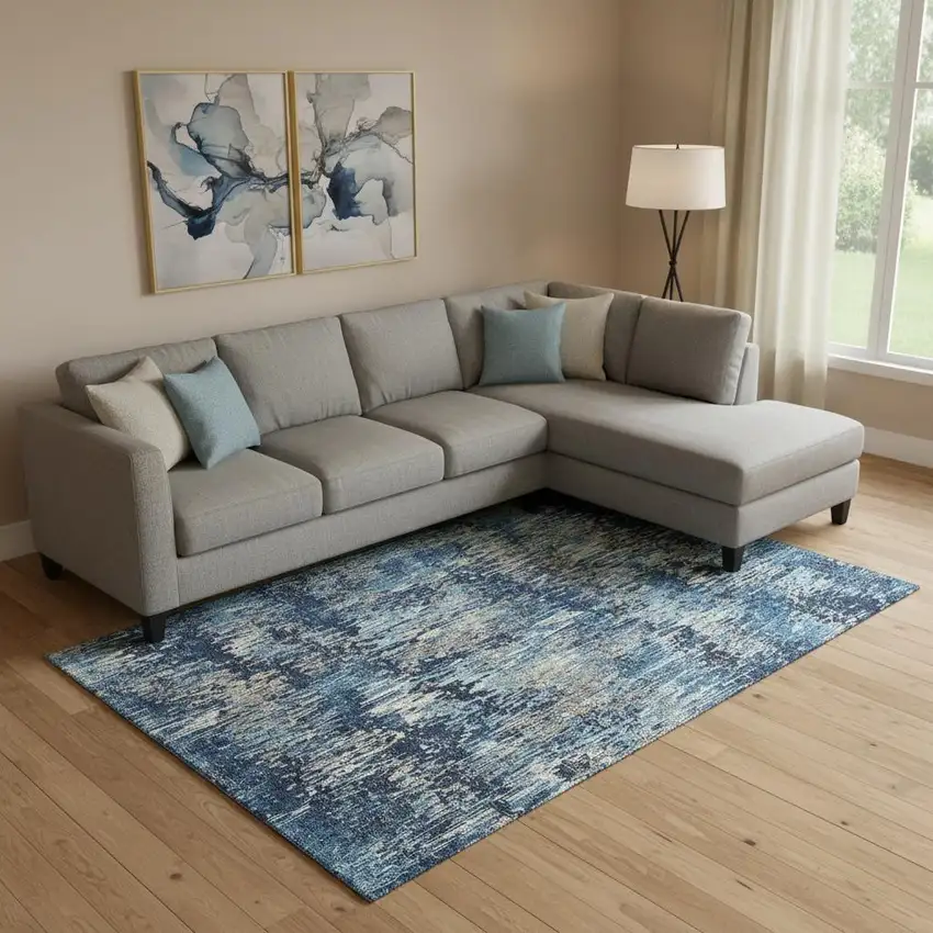 Navy Blue Ivory And Gray Striped Washable Area Rug With UV Protection Photo 2