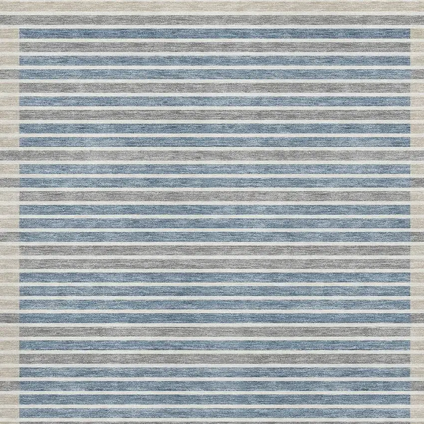 Navy Blue Ivory And Gray Striped Washable Area Rug With UV Protection Photo 3